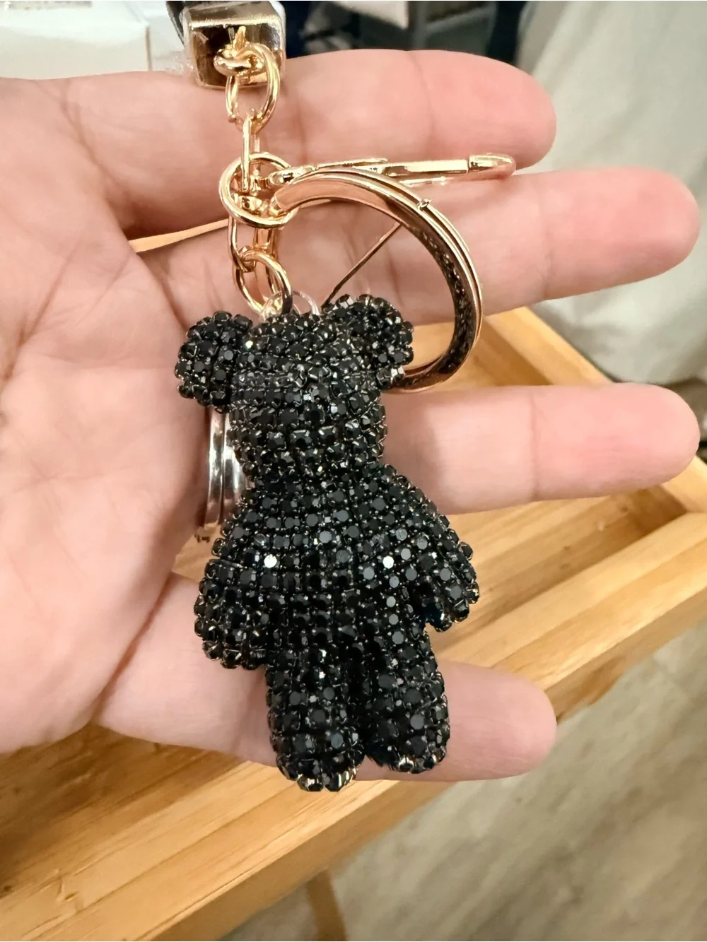 Crystal Teddy Bear Keychain Charm in Black with Gold Hardware